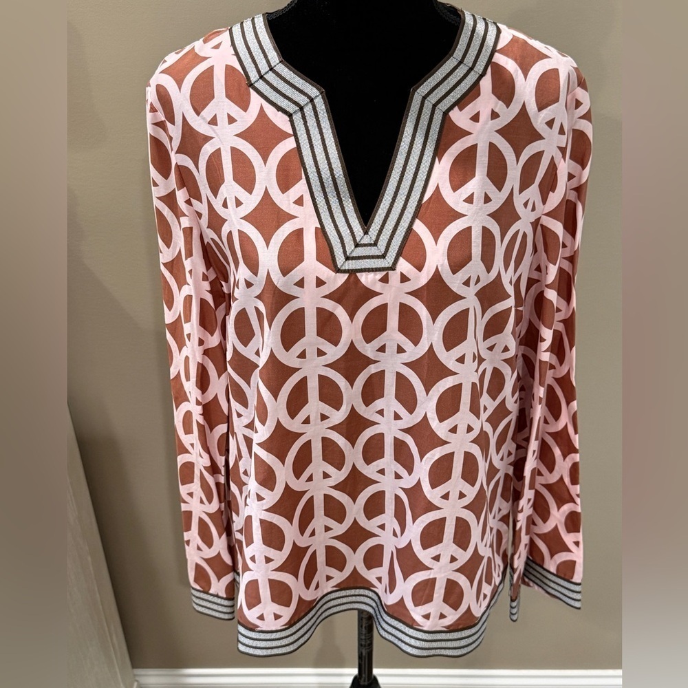 Women’s JULES REID Brown and pink peace sign printed tunic top- Size 14 - Picture 2 of 6